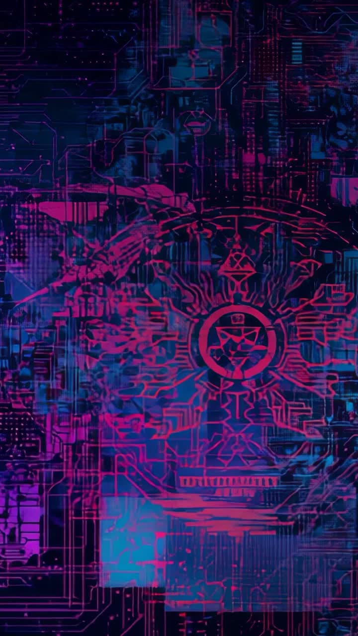 Vertical video: Looping neon pink circuitry mandala glowing on digital blue circuit grid
