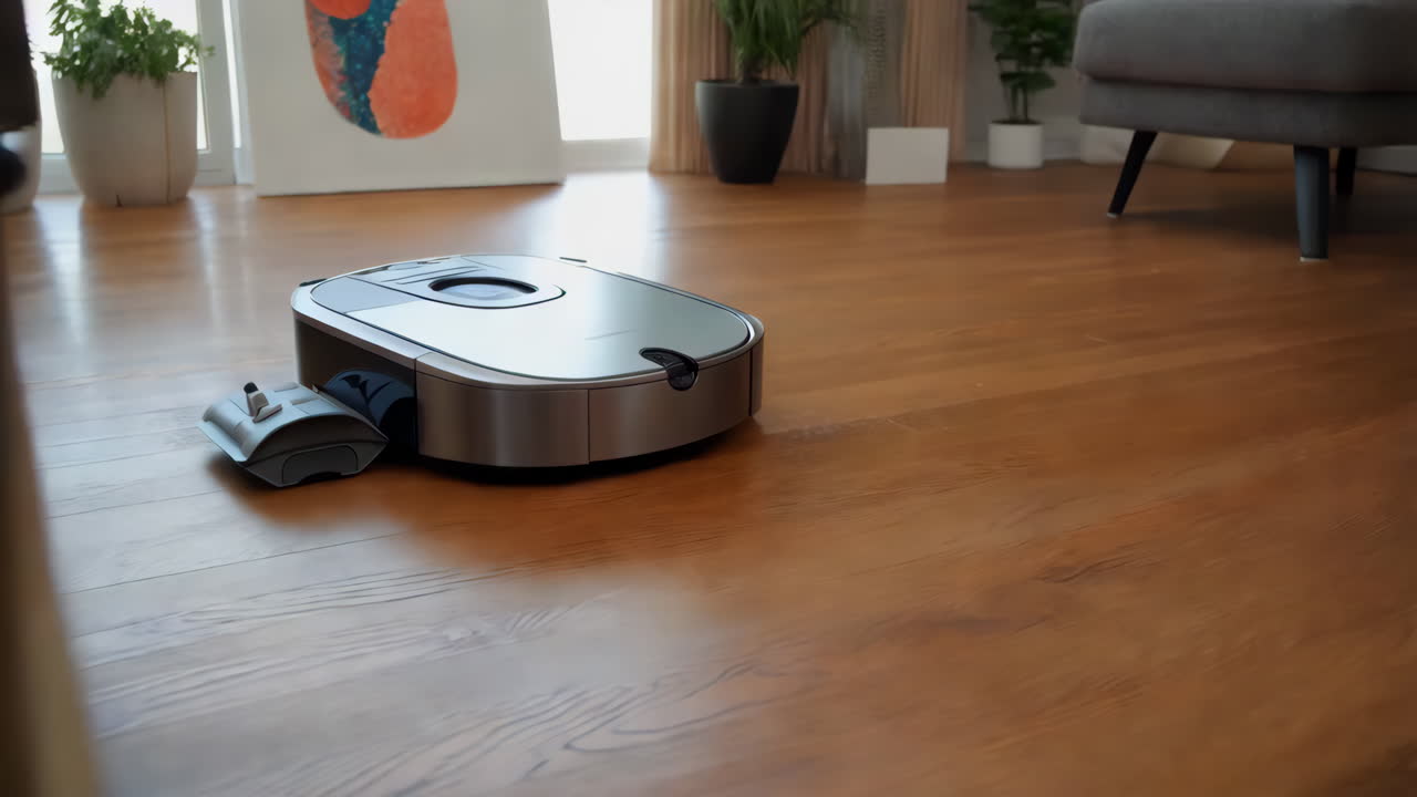A robotic vacuum cleaner on a polished hardwood floor in a modern home