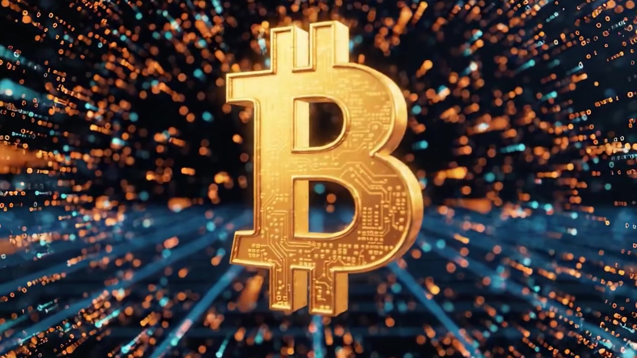 Una visualizzazione dinamica di Bitcoin in un mondo digitale, che mostra il suo simbolo dorato con scintille ed effetti di luce su uno sfondo a griglia futuristico.
