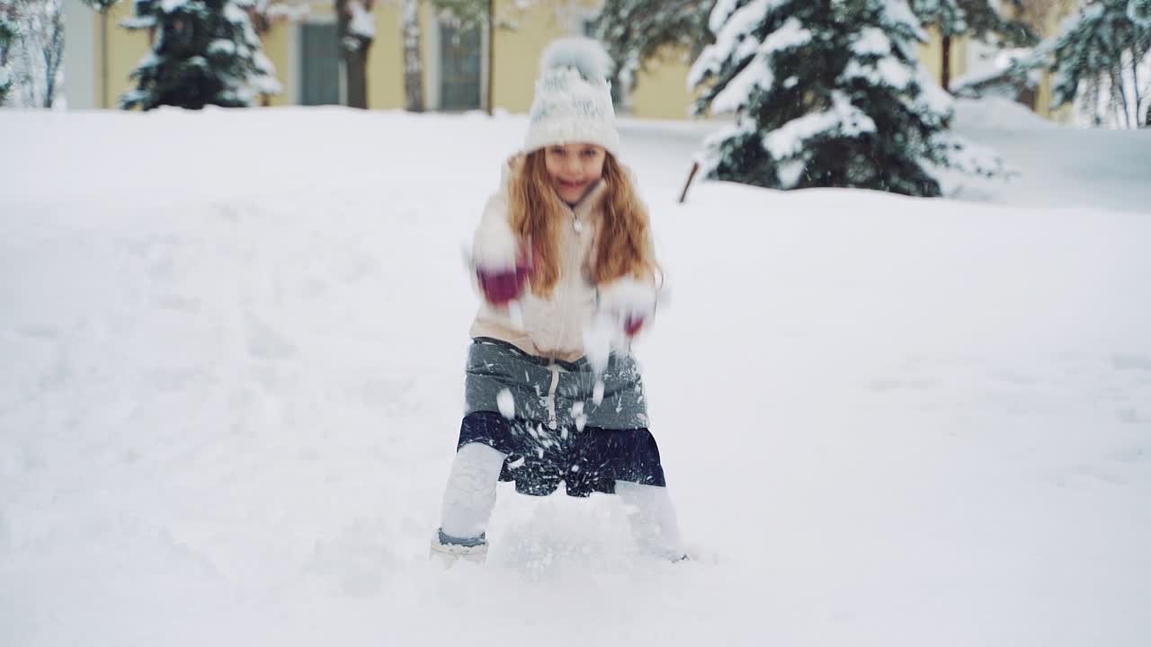 Beautiful smiling girl throwing white snow up and looking at camera in winter. Little child is playing in snow outside. Fun with snow. Slow motion.
