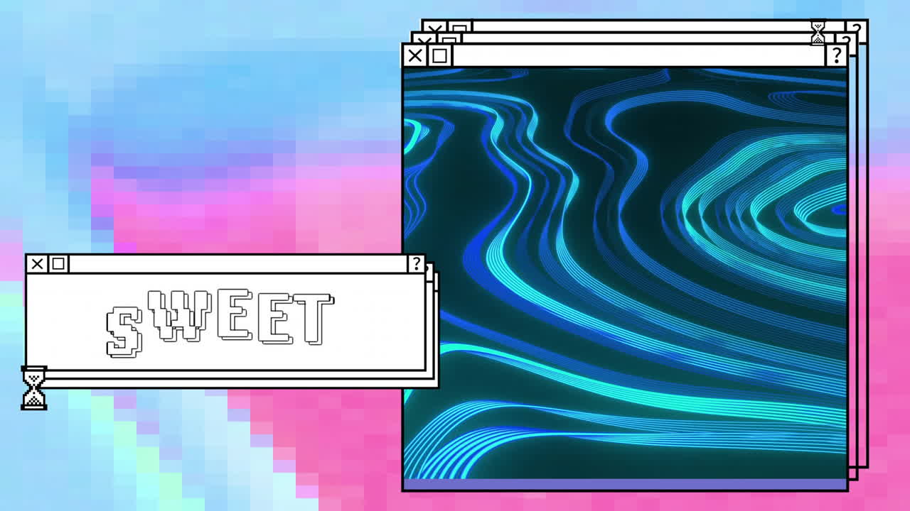 Animation of digital interface with sweet text and blue shapes on colourful background