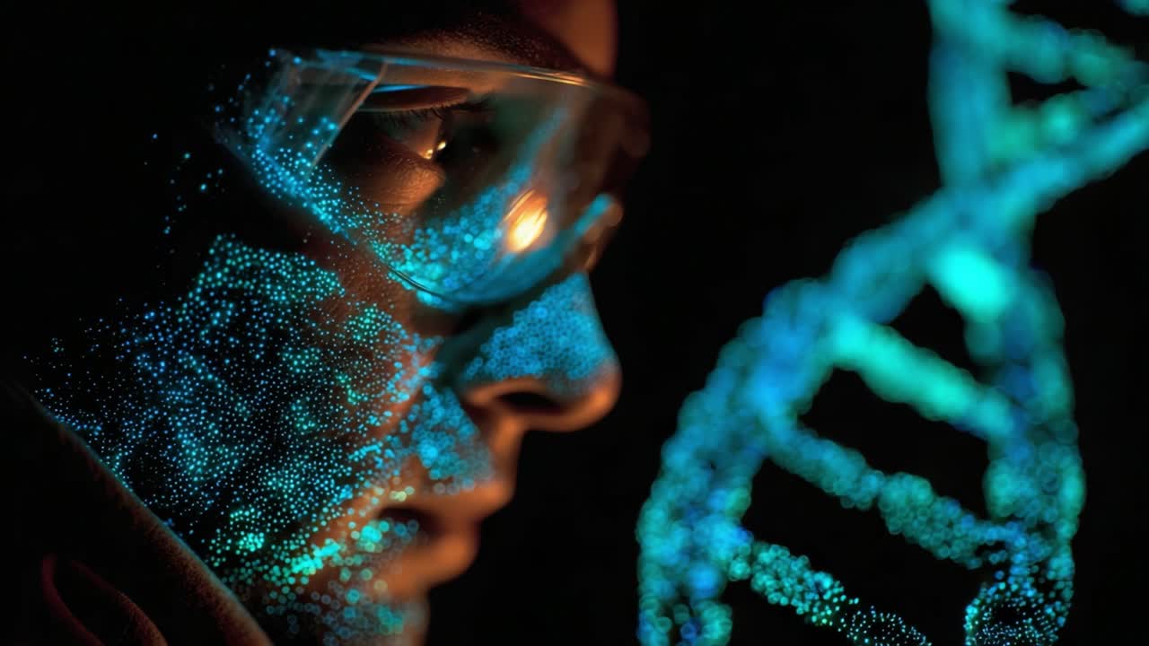 A close-up of a person with a digitally rendered DNA strand projected on their face, showcasing the interplay of science and technology in genetic research and innovation