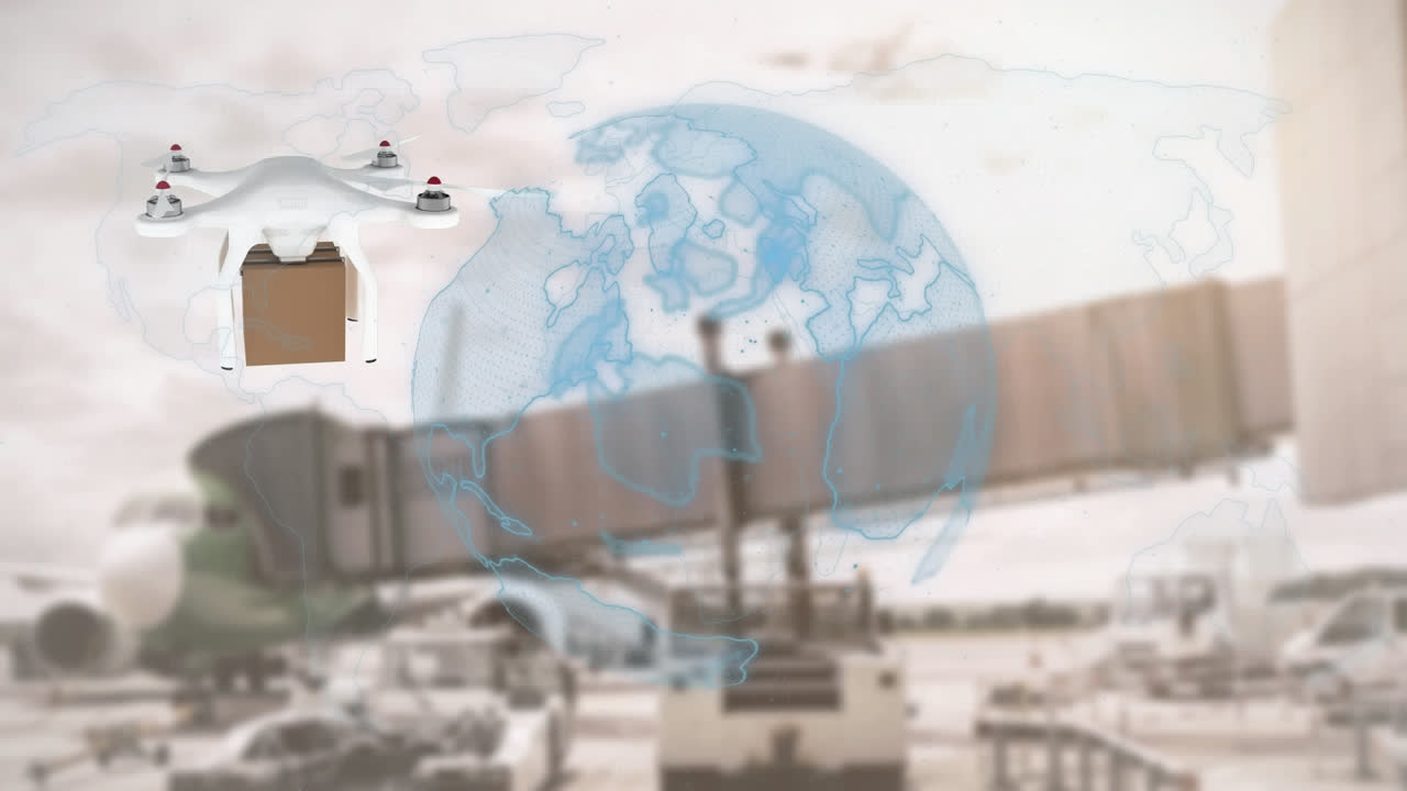 공항 프론 위의 패 ⁇ 과 함께 드론을 통한 연결 네트워크의 애니메이션