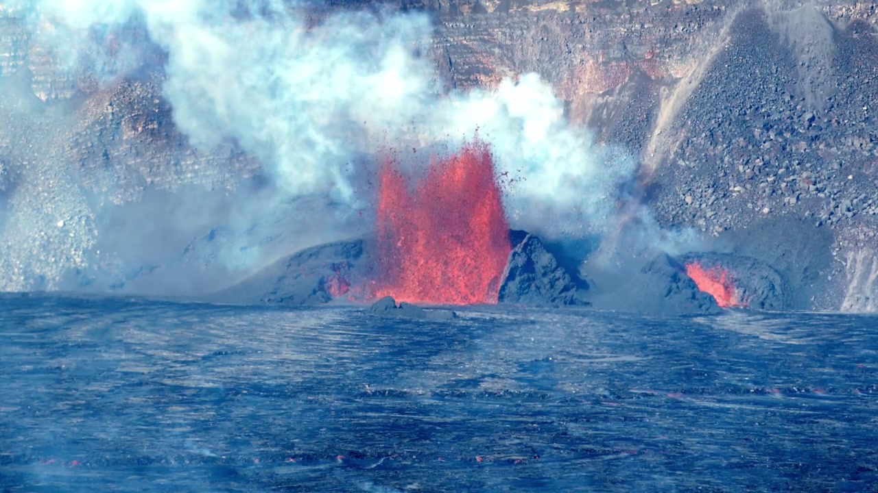 kilauea Powerful Volcanic Eruption Spewing Glowing Red Lava Fountain with Smoke and Steam