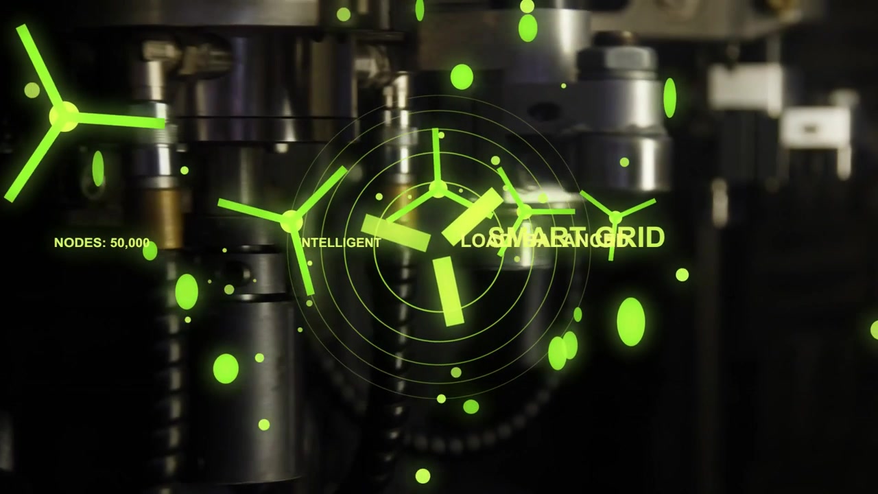 Fokus skärps, ett SMART GRID-teknikhologram framträder över metall, med roterande glyfer som visar belastning och noder.
