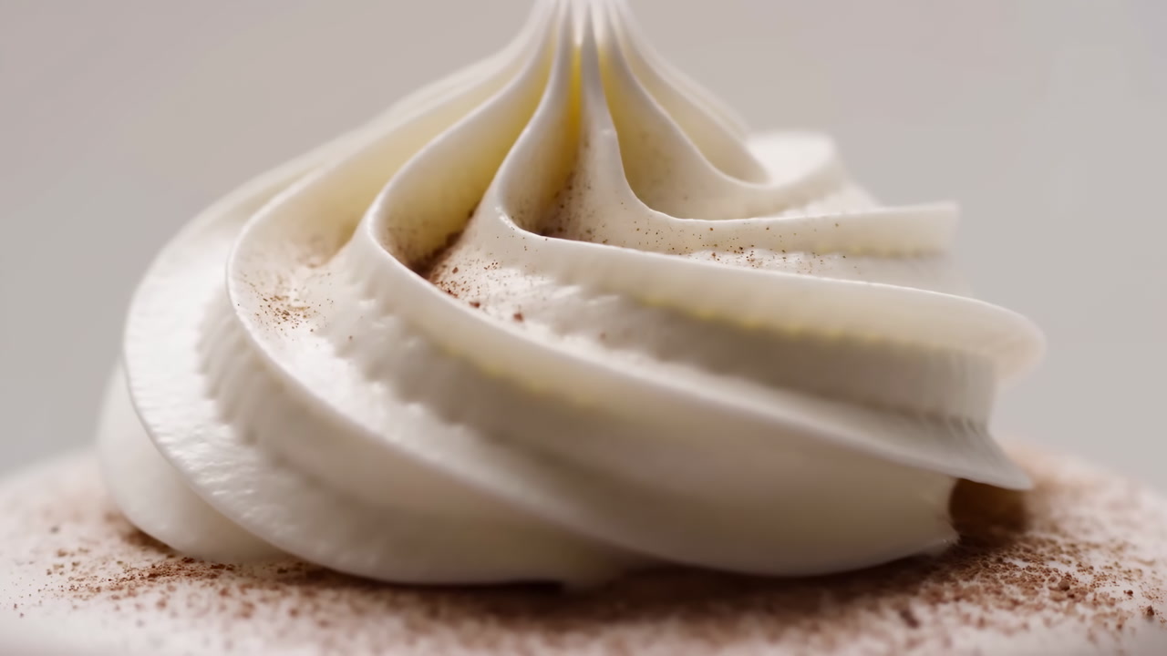 Closeup Meringue Swirl On Plate Velvety Whipped Topping Dusted With Cocoa, Soft Creamy Folds And Delicate