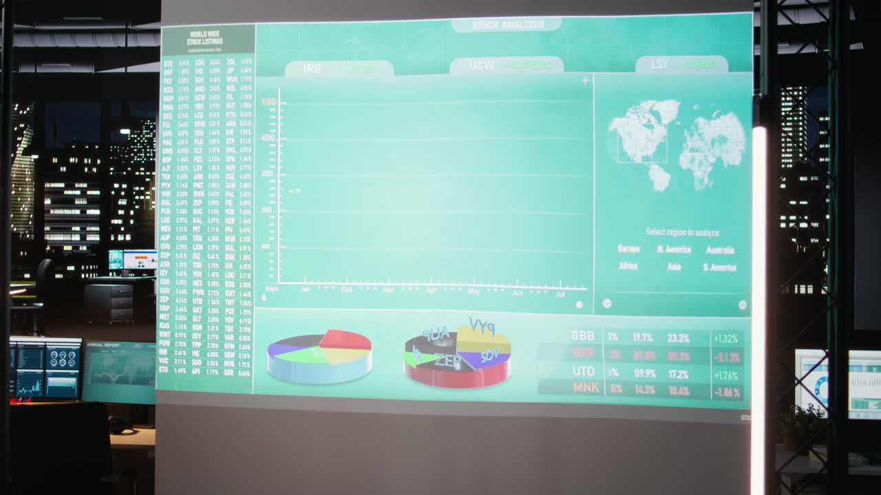 Modern corporate space sits empty after hours with forecasting charts
