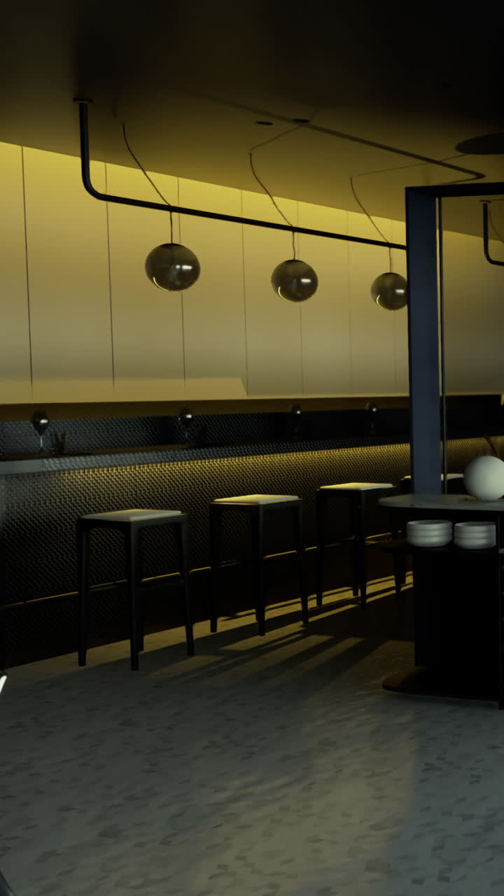 Modern bar interior with stools and lighting in urban setting at night