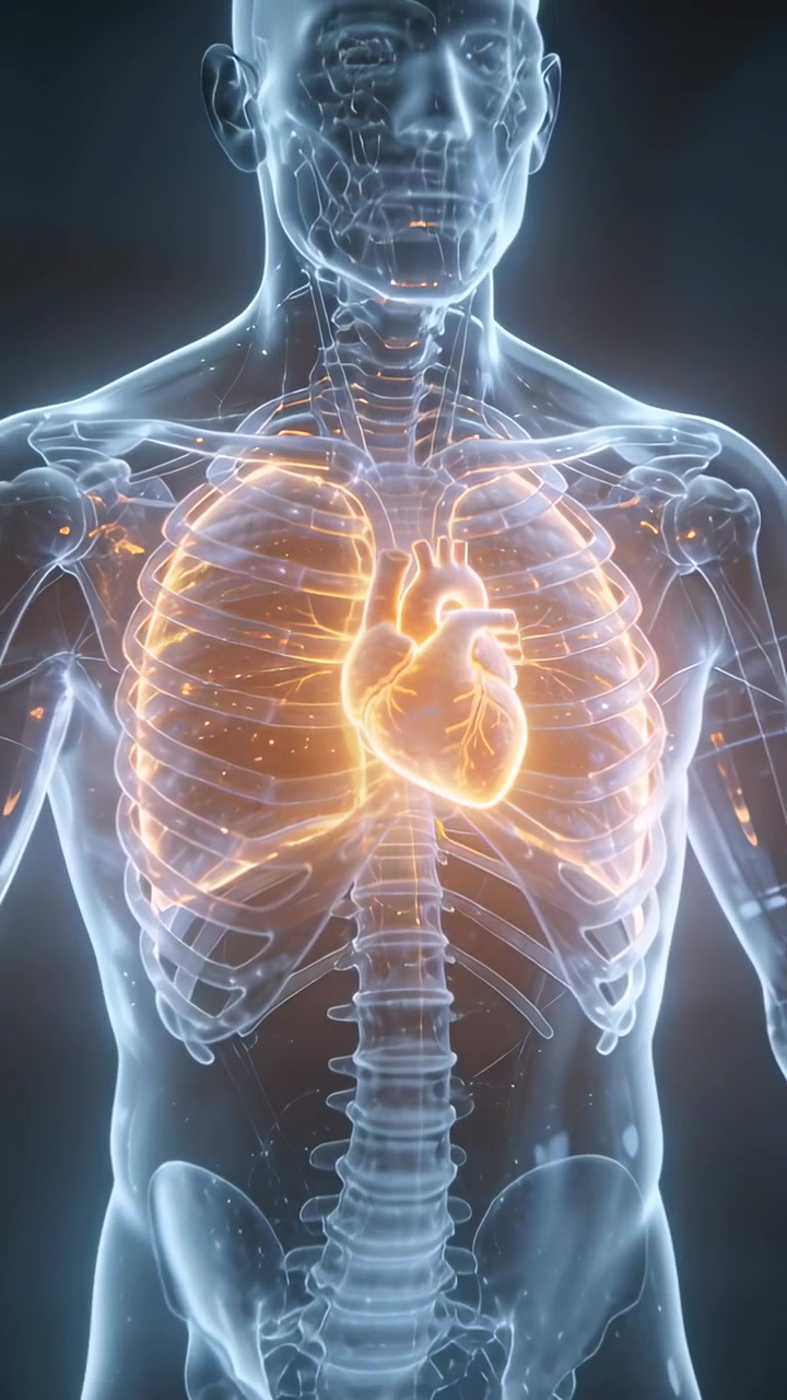 Video verticale: Ripresa all'indietro che mostra un busto con cuore pulsante e vasi sanguigni luminosi in uno studio per scopi di studio.