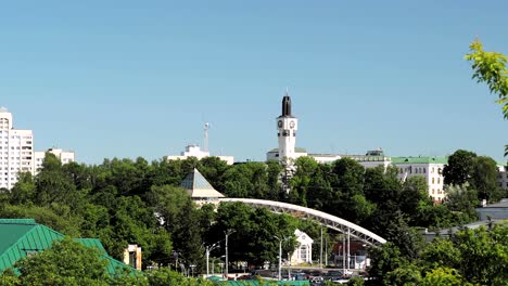 vitebsk, belarus. aerial view of building of vitebsk regional council of deputies among greenery in summer sunny day. zoom, zoom out