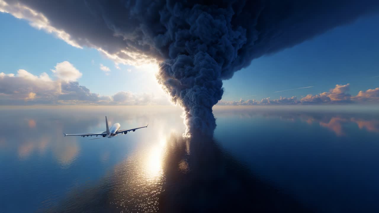 A surreal visual of an aircraft navigating through a towering column of dark storm clouds rising from the ocean, capturing the stunning interplay of nature and aviation in a dramatic scene