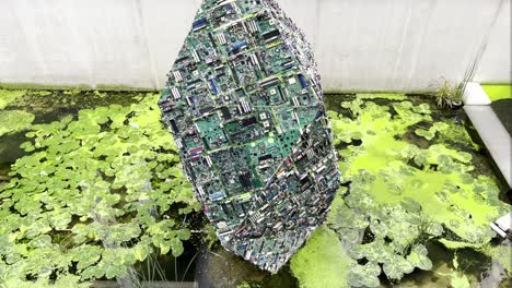 Kristall-Aus-PC-Motherboards,-Der-Eine-Form-Schafft,-Großer-Elektrischer-Stein,-Platziert-In-Kleinem-Seewasser-Im-Inneren-Von-Blättern-Und-Grünflächen,-Technologie-Und-Natur-In-Zusammenarbeit,-Zusammenwirkende-Steinmauer-Dahinter