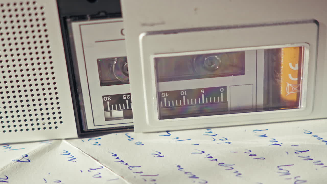 Retro dictaphone lying on handwritten notes while recording audio. Useful for journalism visuals, research themes, storytelling and archive documentation