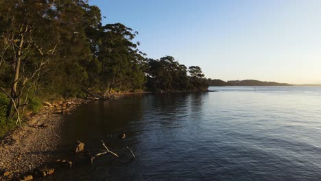 Scenic-drone-view-travelling-over-calm-water-next-to-a-rugged-coastline-covered-in-native-bushland