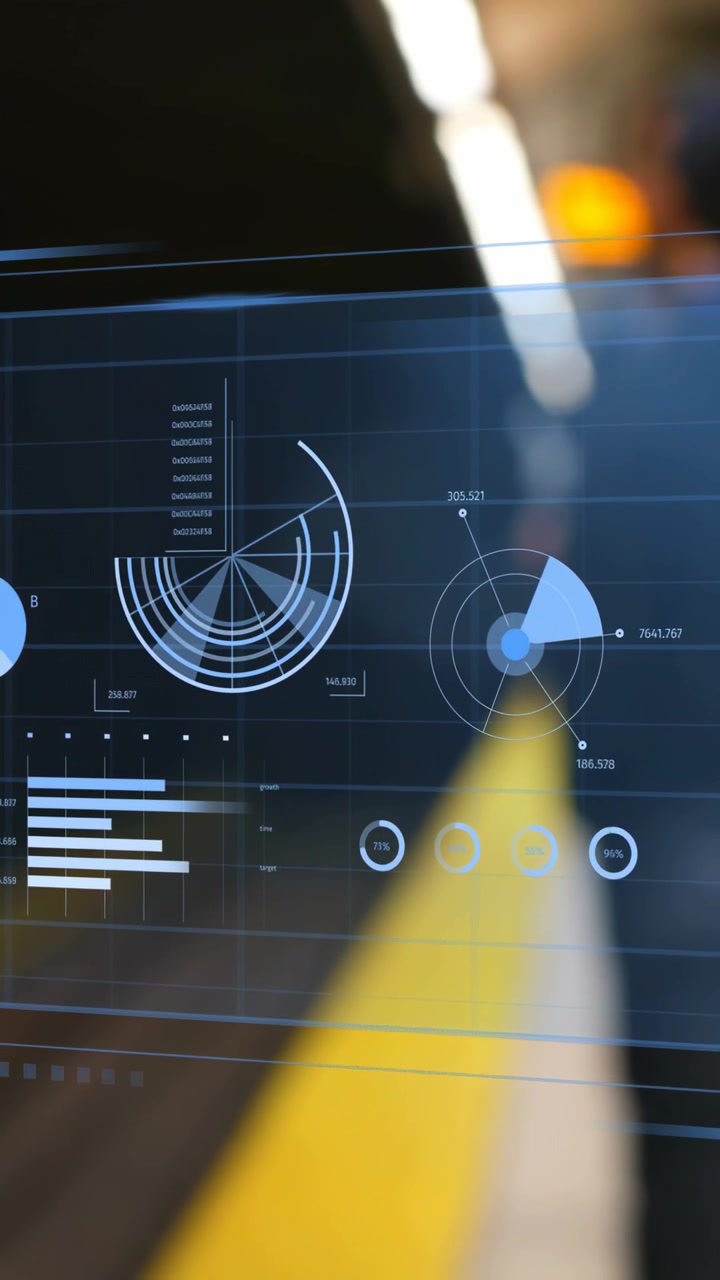 Vertical video: HUD animating, yellow bar moving, charts spinning and rings pulsing, showing data