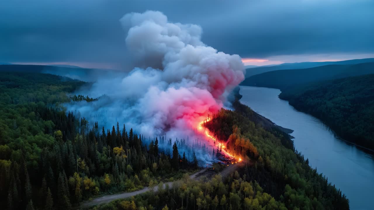 Dramatic Aerial View of Wildfire Progressing Along the Riverbank at Dusk, Showcasing Fiery Flames and Billowing Smoke in a Lush Forested Landscape