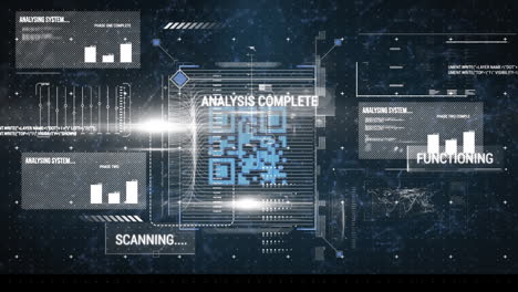 animation of qr code with multiple data, graphs and statistics over web connections