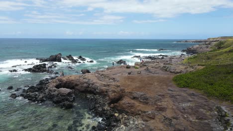 Rocky-Reef-on-Beautiful-Volcano-Coastline-of-Maui,-Hawaii---Aerial