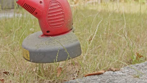 grass trimmer mowing the edge of a dry lawn in slow motion