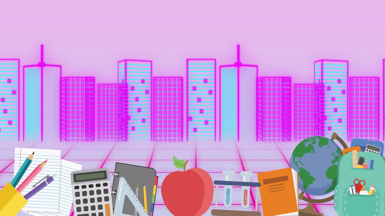 Colorful school supplies and globe animation over futuristic cityscape background