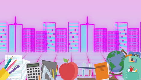 colorful school supplies and globe animation over futuristic cityscape background