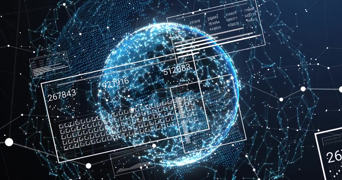 Animation of digital data processing on screens over globe
