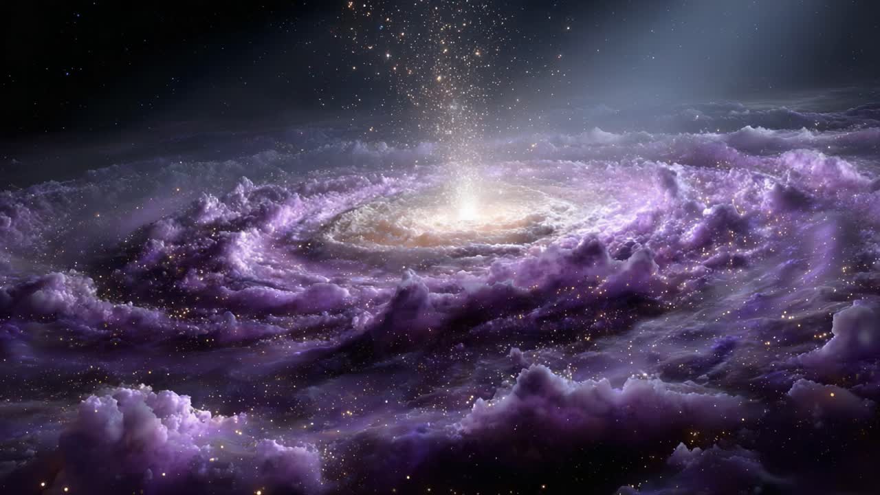 A Majestic View of a Cosmic Spiral Galaxy, Highlighting the Central Luminescent Core and the Surrounding Ethereal Clouds of Purple Nebulae in Deep Space