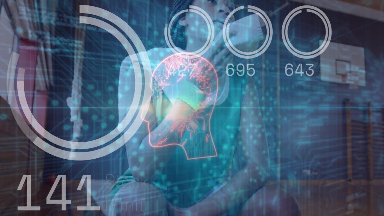 Animation of human silhouette with brain and digital data overlay in school