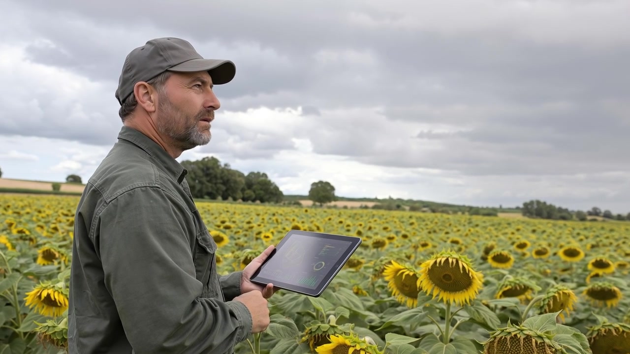 Mannelijke boer gebruikt een digitale tablet terwijl hij in een bloeiend zonnebloemveld staat onder een bewolkte hemel.