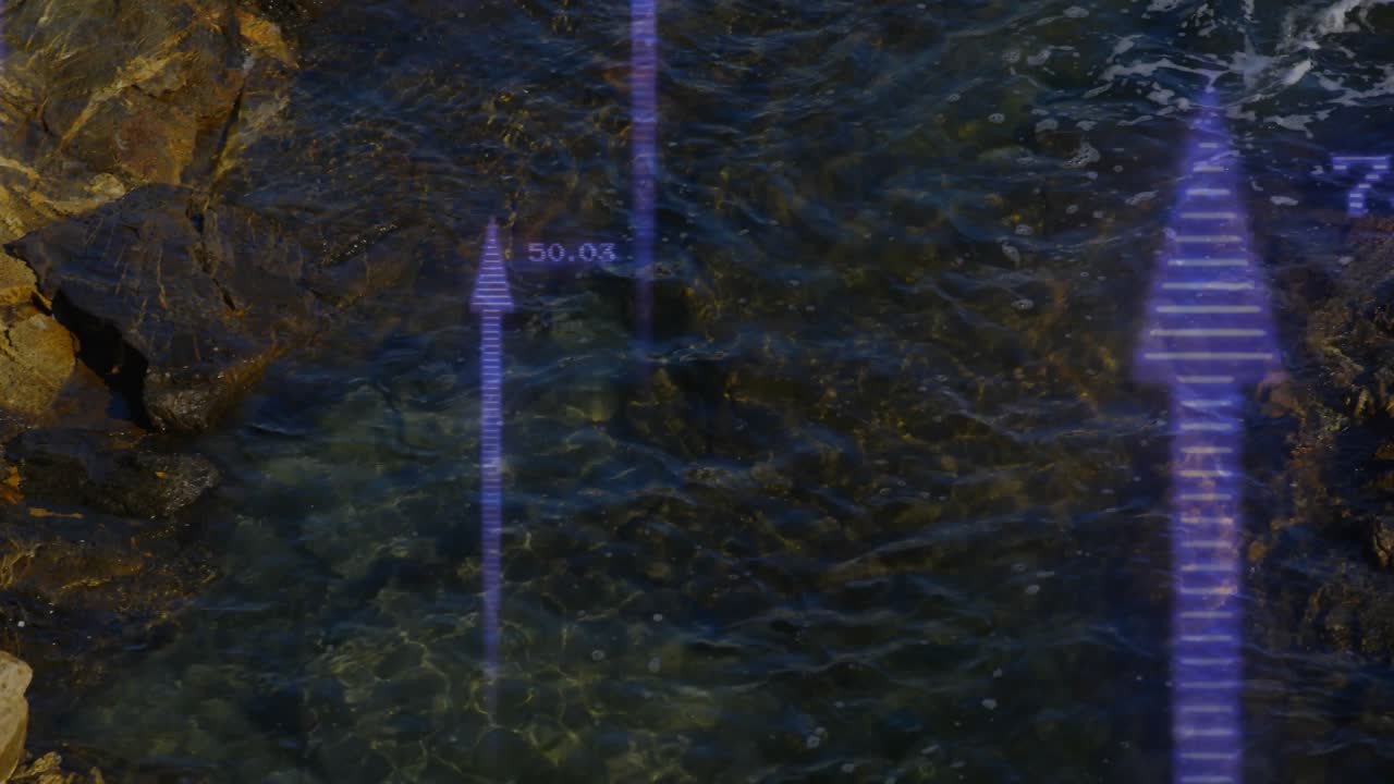 Purple arrows emerging from water initiating coastal data, arrows rising, fading showing data