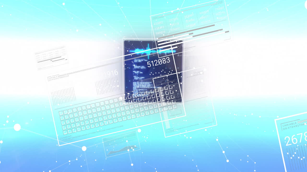 파란색 배경 위의 스크린에서 디지털 데이터 처리의 애니메이션