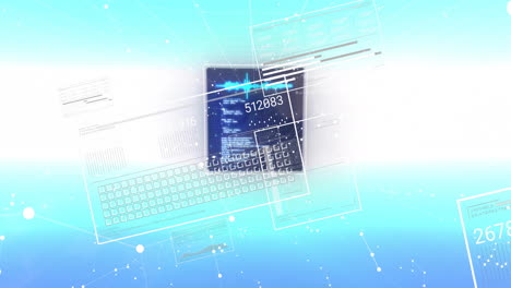 animación del procesamiento de datos digitales en pantallas sobre un fondo azul