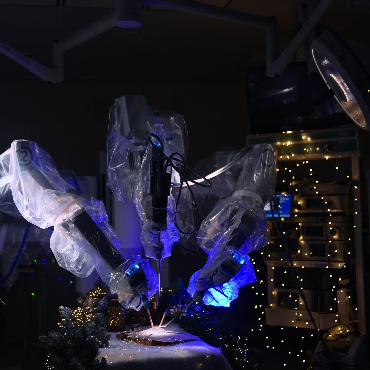 Innovative futuristic equipment in the dim light of modern surgical room. Da Vinci robot arms moving over the decorated operational table