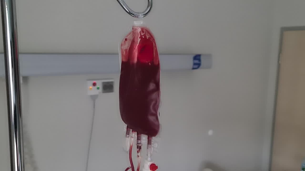 Blood bag hanging in a medical setting