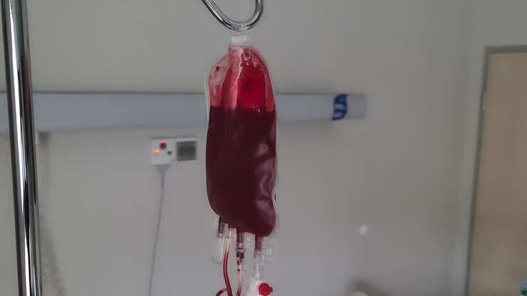 Blood bag hanging in a medical setting