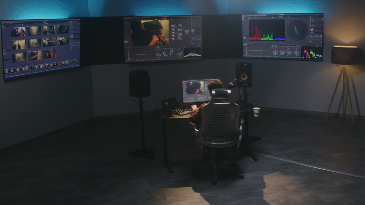 editor de video en el trabajo en una suite de edición moderna