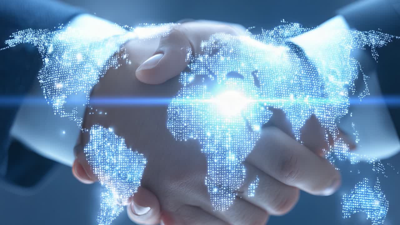 A Digital Representation of Global Collaboration Depicted by a Symbolic Handshake, Merging Technology and Humanity in a World of Connectivity and Partnership