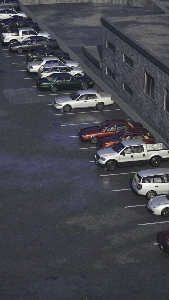Cars parked in a lot near an industrial building during twilight