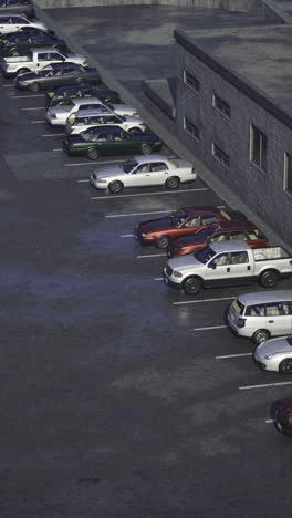 cars parked in a lot near an industrial building during twilight