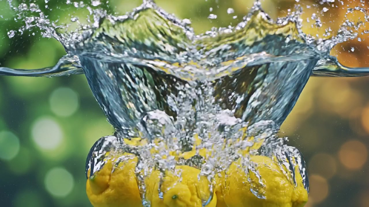 Tre limoni gialli freschi che galleggiano sulla superficie dell'acqua.