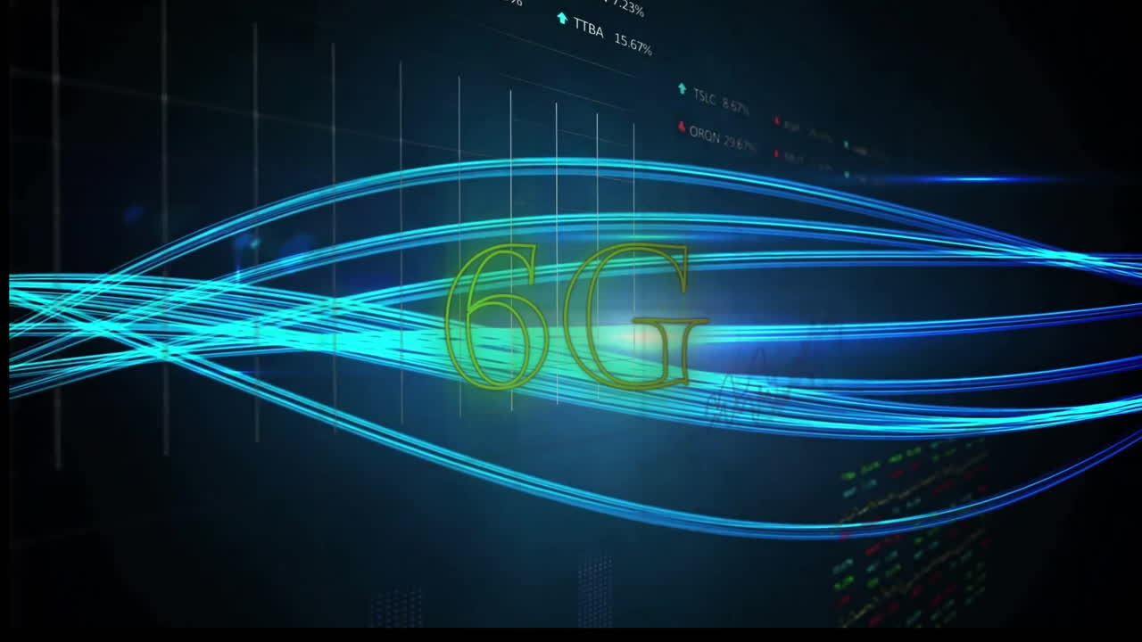 Animation of data processing with 6g over light trails on black background