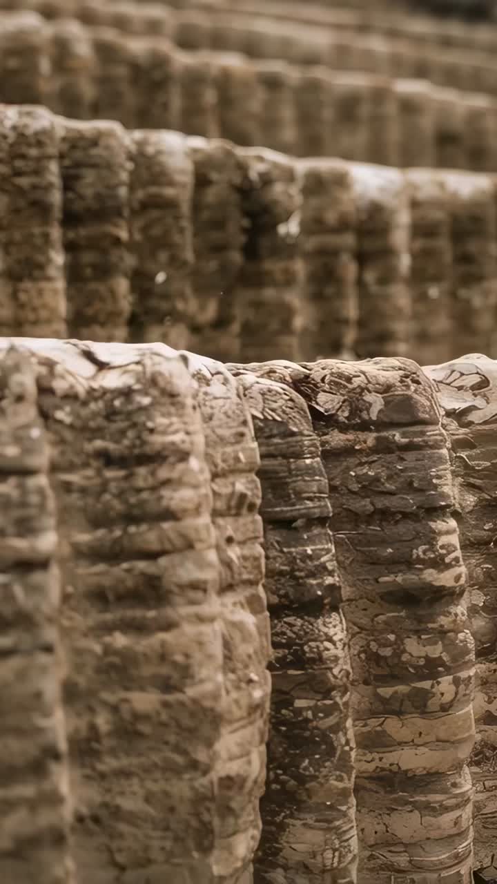 Vertical video: Shifting camera revealing ridged terraces outdoor, showing lower ledges and ridges