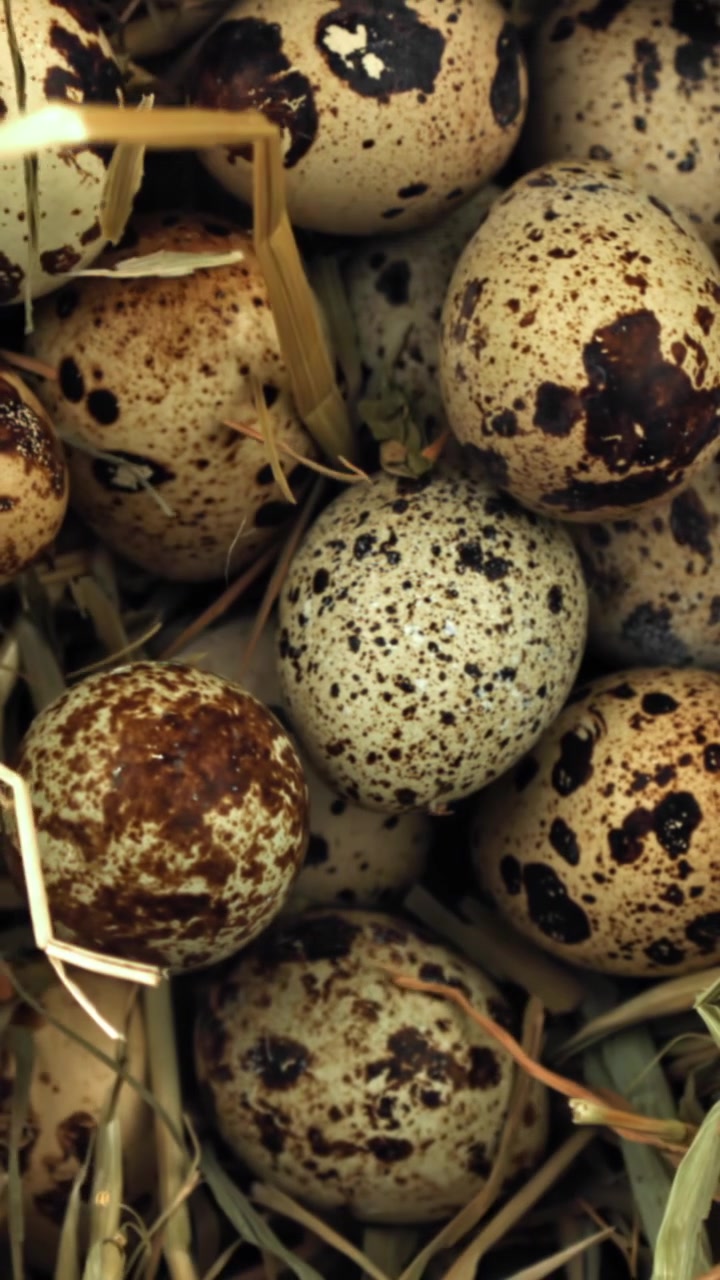 Close-up Overhead View of Speckled Quail Eggs in a Hay Nest