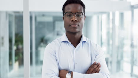 office, arms crossed and serious black man