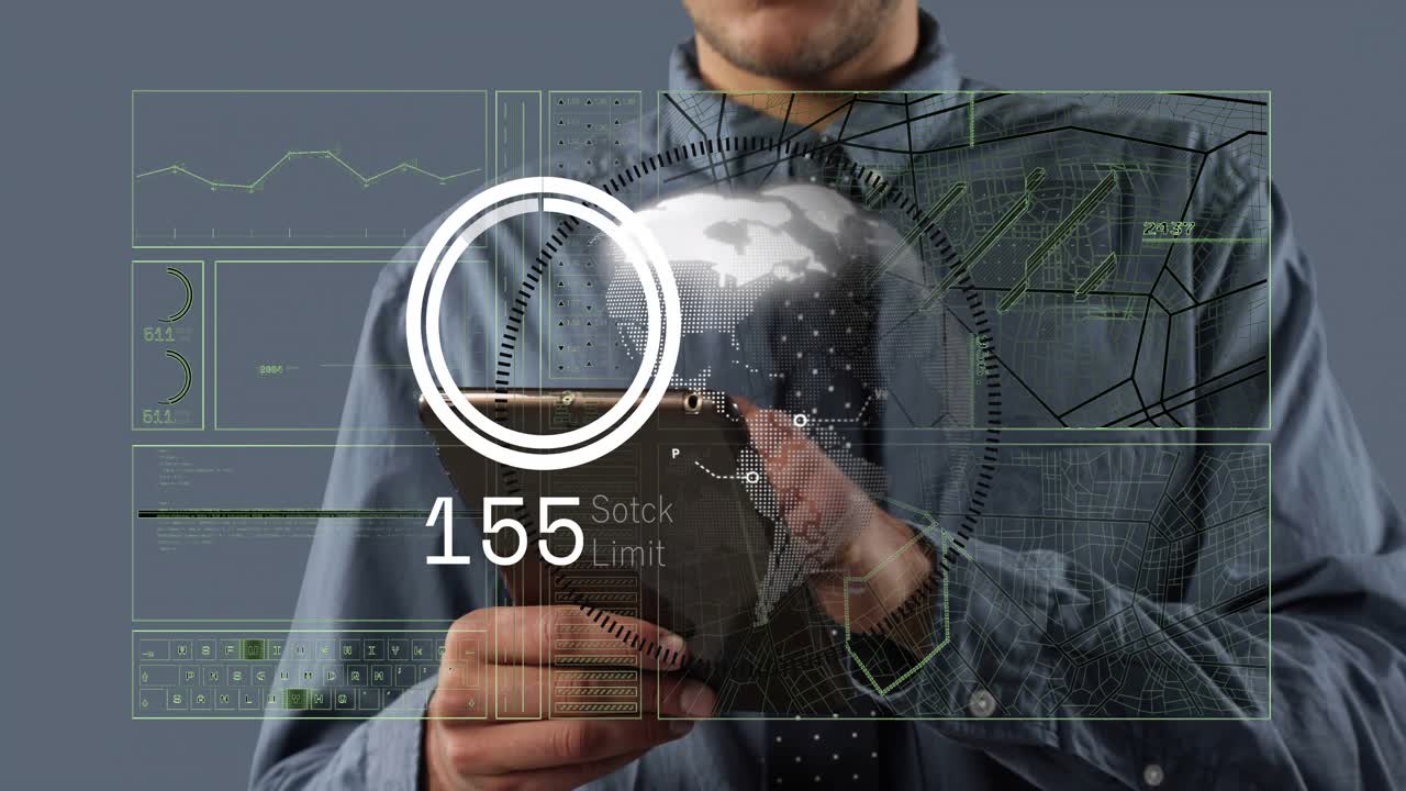 Exec holding tablet, tapping, AR finance dash filling then reducing gauge, monitoring stock limits