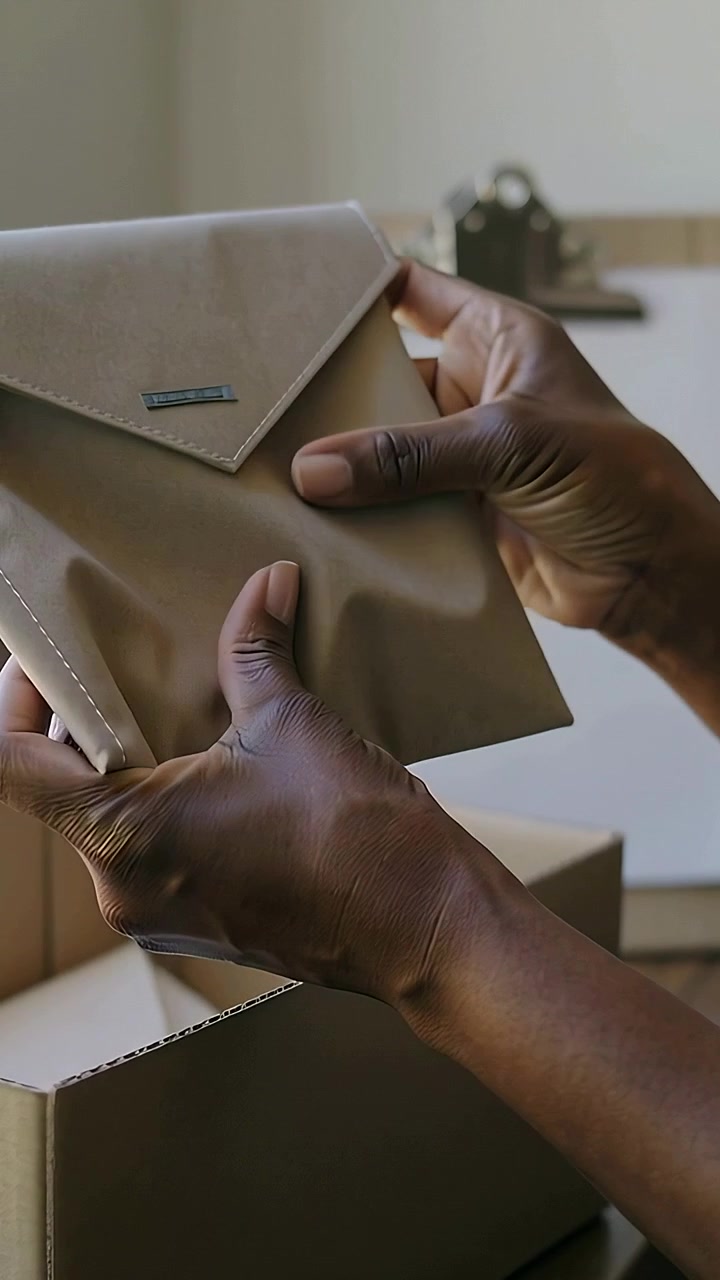 Video verticale: Mani che entrano in una scatola, sollevano e ispezionano le cuciture di una pochette beige su una scrivania di casa