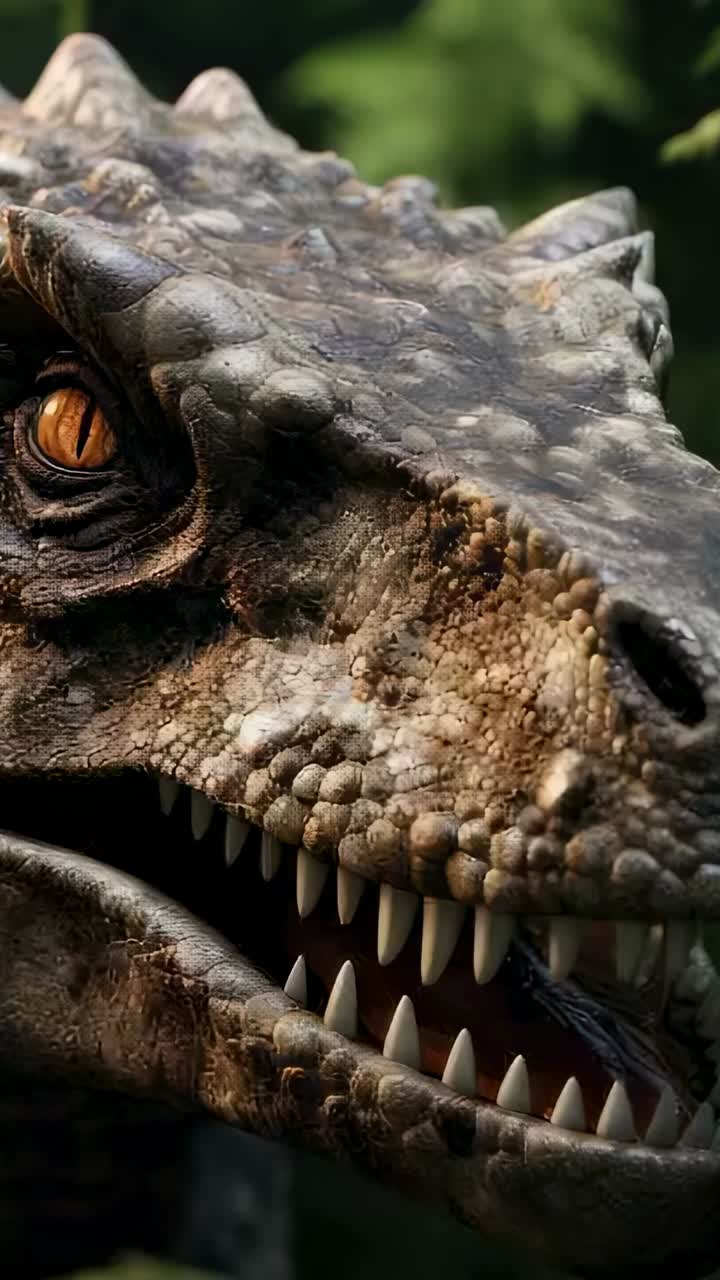 Vertical video: Zooming camera causing theropod dinosaur pushing ferns in jungle, scanning for prey