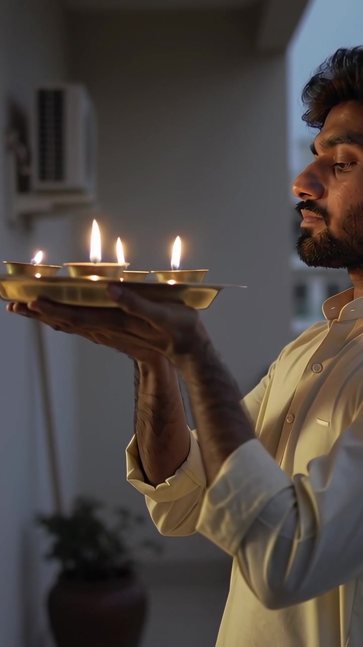 Vertical video: Holding brass thali man in kurta offering 5 lit diyas at dusk on balcony