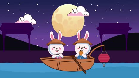mid autumn festival animation with rabbits couple in boat with moon night
