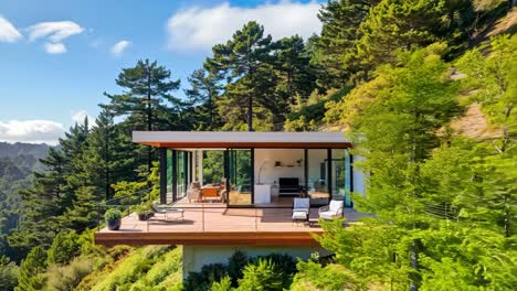 a modern house on a hillside surrounded by trees